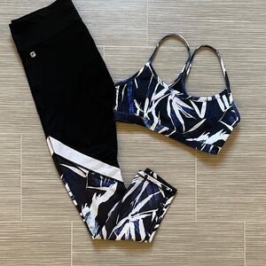Fabletics Black and Blue Patterned Leggings with matching sports bra